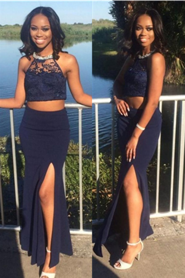 Navy blue two hot sale piece homecoming dress